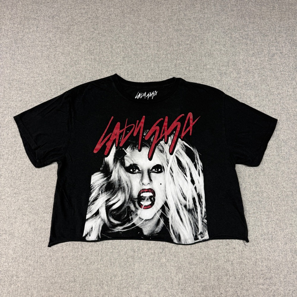 Lady Gaga Graphic T-Shirt XXL Black Raw Hem Cropped Short Sleeve Cotton Tee 2015